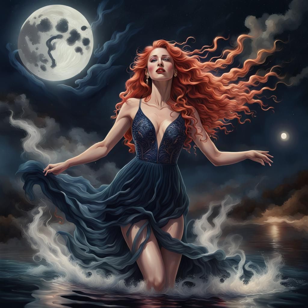 Red-Haired Woman Floating Above Water at Night