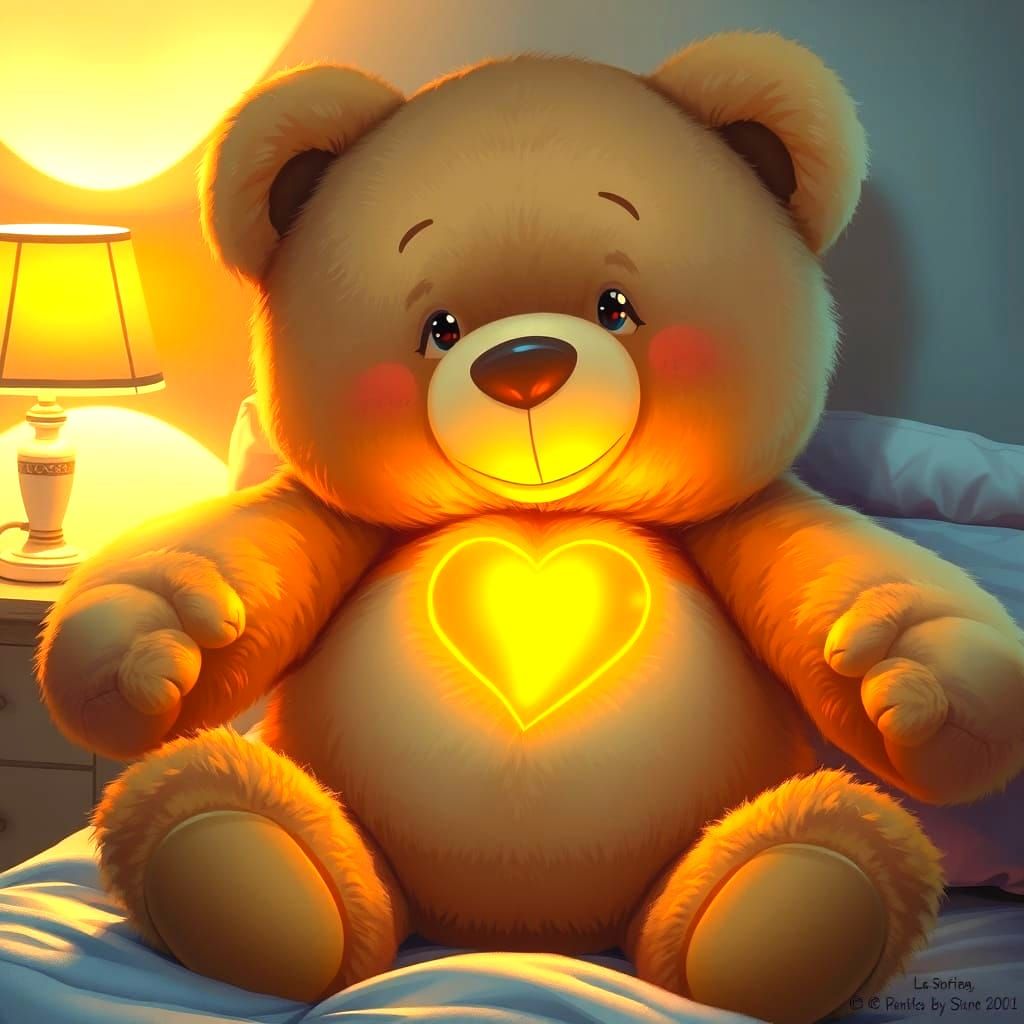 Giant White Teddy Bear with Golden Heart in Bedroom