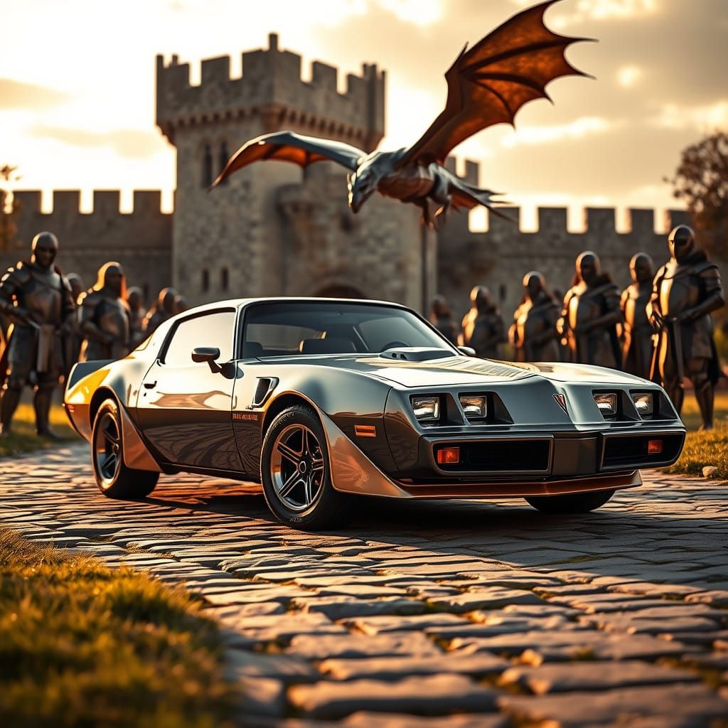Pontiac Trans Am in Regal Setting with Knights and Dragon