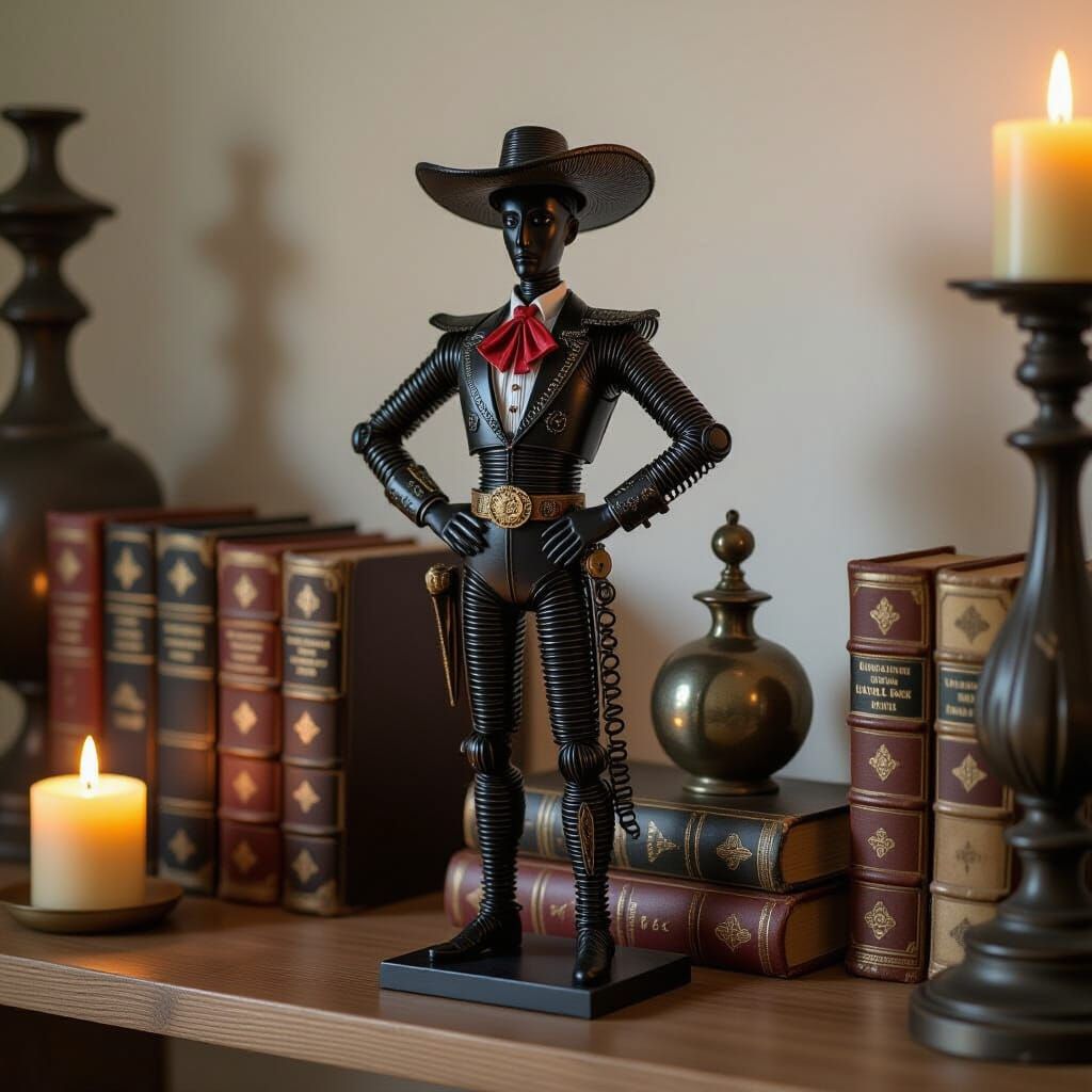 a small matador statue made entirely out of dark gray wire.