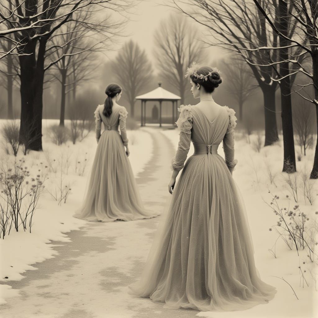 Victorian Women in Ethereal Wintry Park