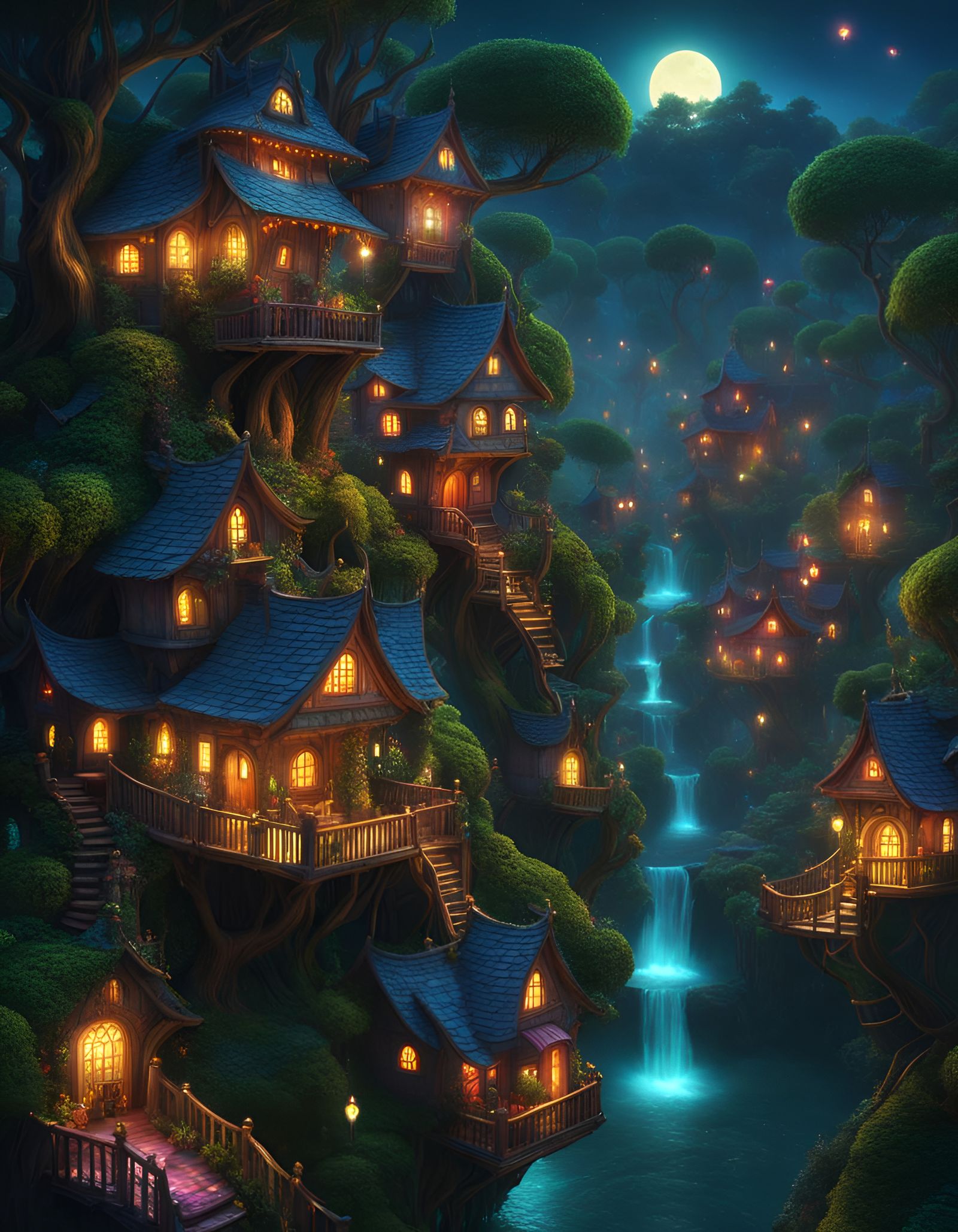 Whimsical Goblincore Tree Village in a Dark Fantasy Woodland