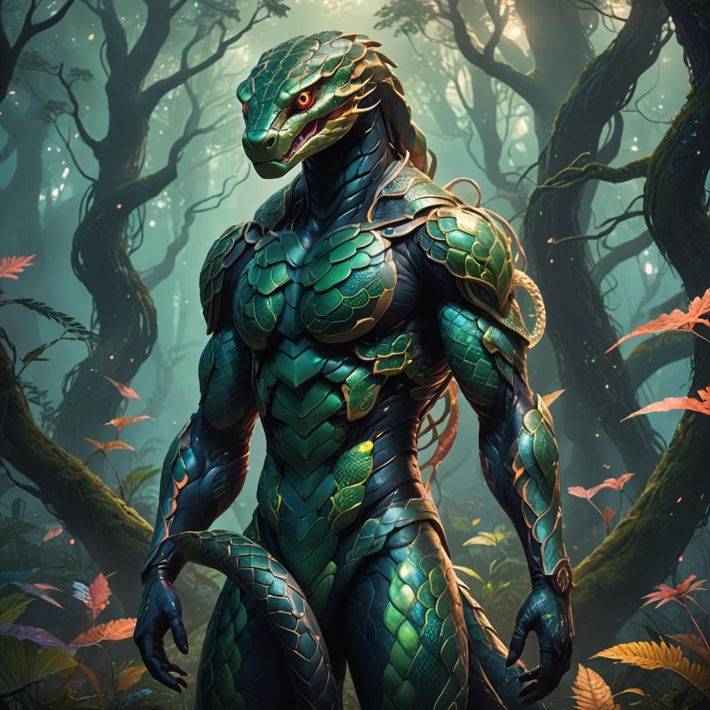 Surreal Anime-Style Serpent Humanoid Emerges from Mystical F...