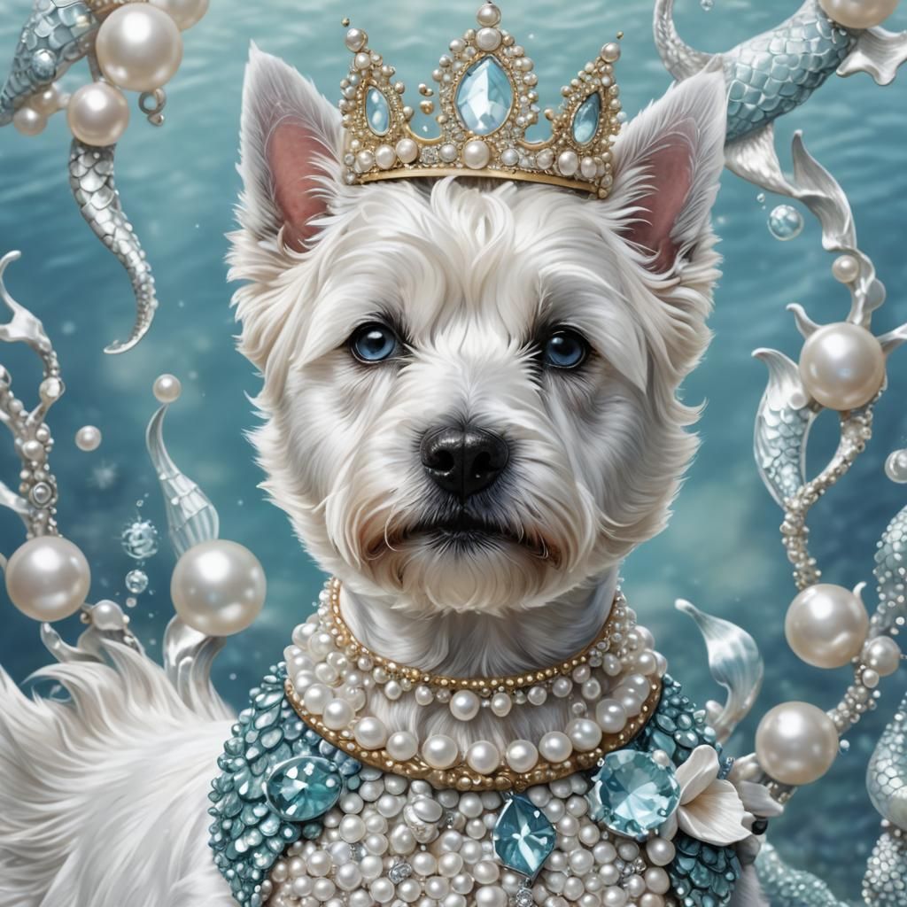 West Highland White Terrier-Inspired Mermaid in Pearl-Encrus...