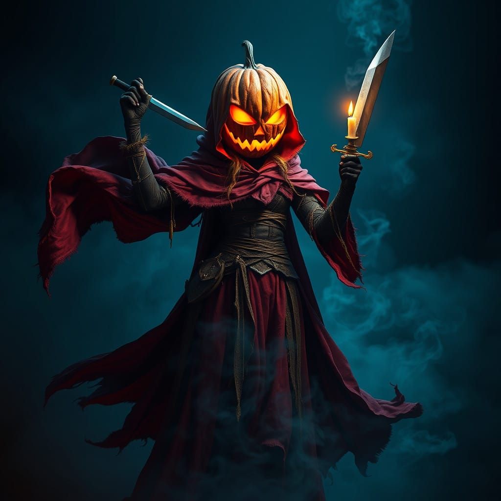 Mystical Jack O' Lantern Woman Brandishes Knife in Midnight....
