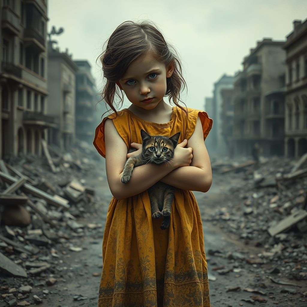 Soot-Covered Ukrainian Girl Comforts Sorrowful Cat in Devast...