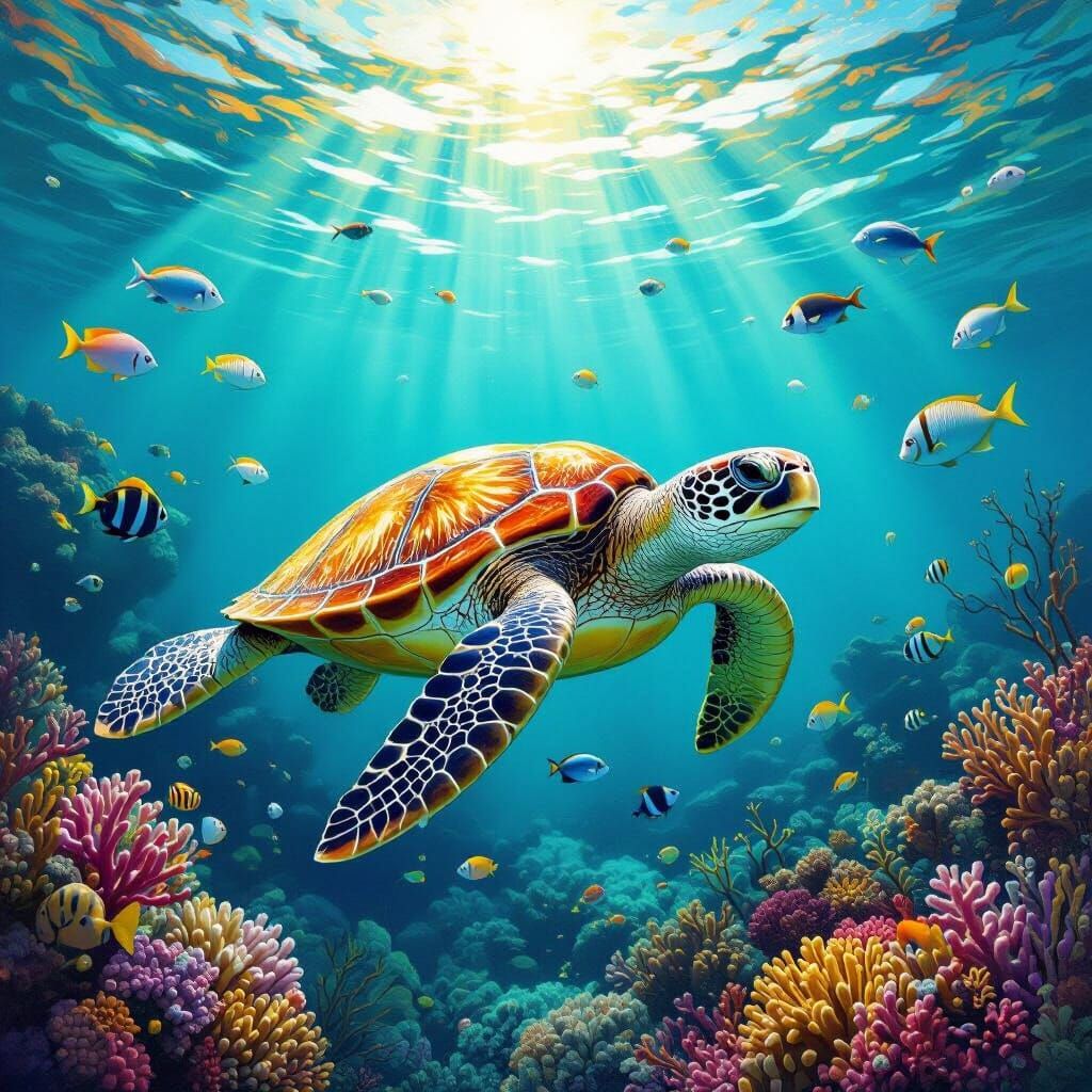 Majestic Sea Turtle in Vibrant Coral Reef Oil Painting