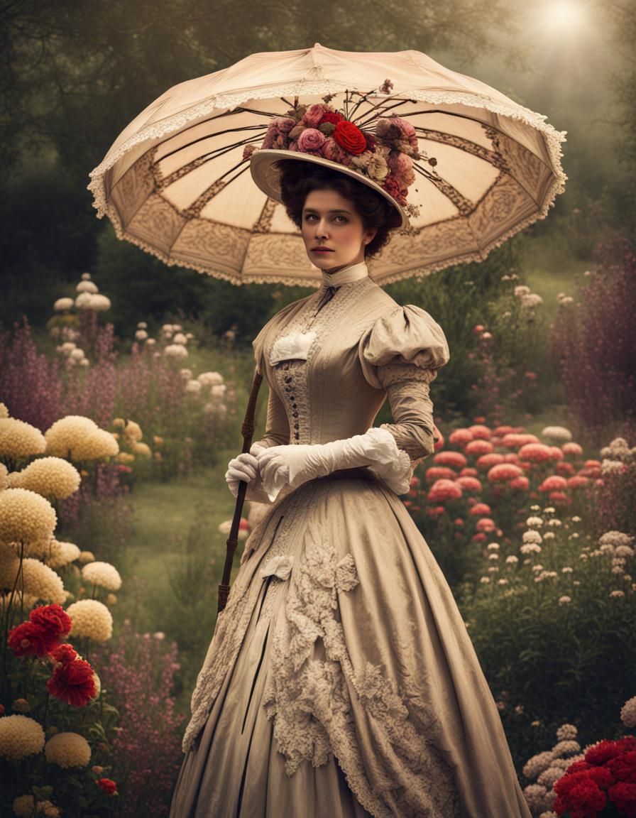 Victorian Woman in an Elegant, Detailed Garden Setting