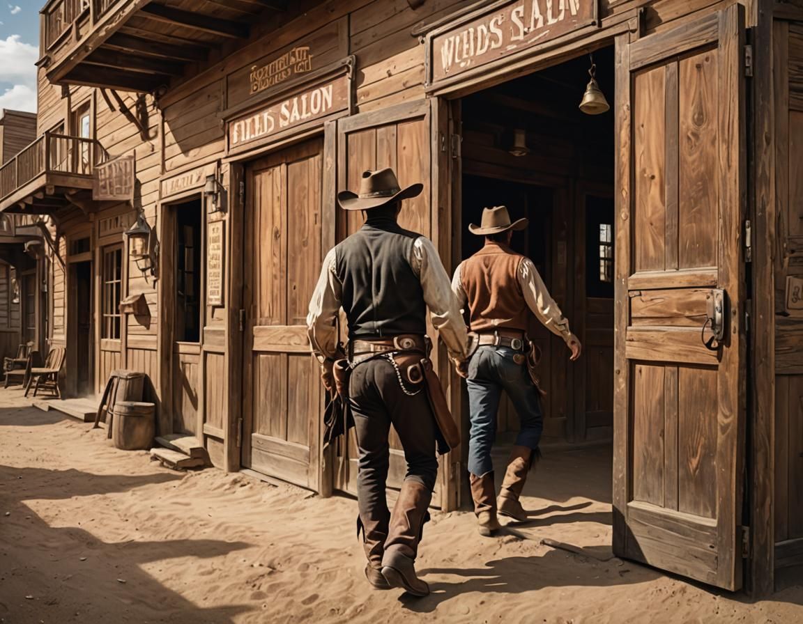 Cowboy Enters a Dusty Wild West Saloon