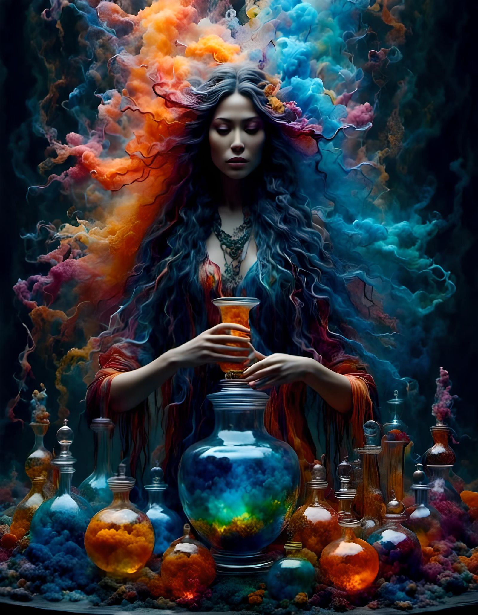Epic Sorceress Brews Magical Potions in Hyperealistic Style