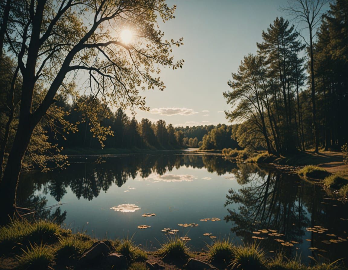 Small Lake at Golden Hour: Cinematic Film Still