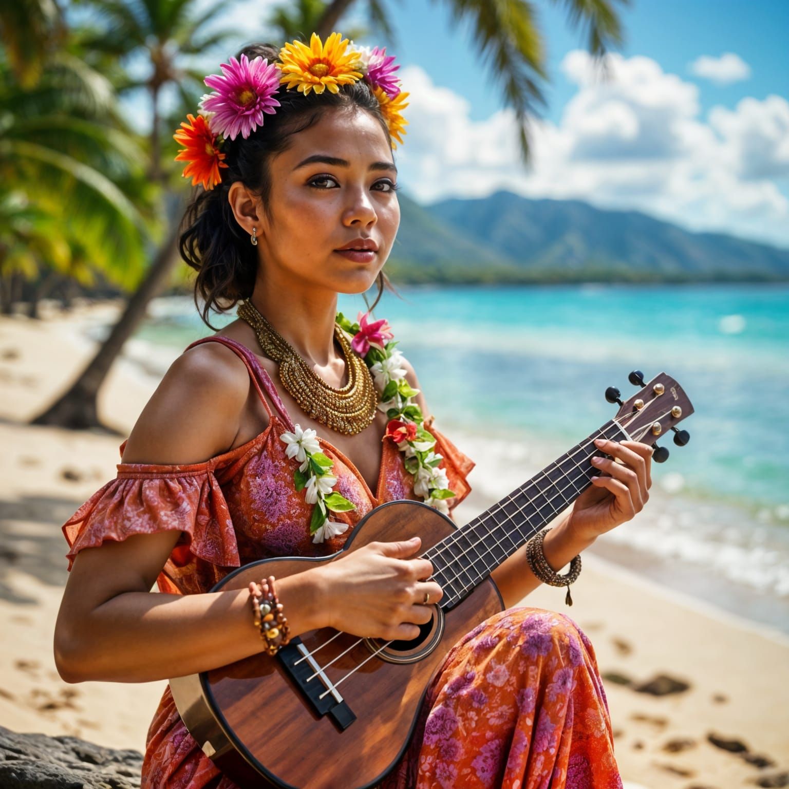 Hyperrealistic Hawaiian Woman Playing Ukulele on Beach