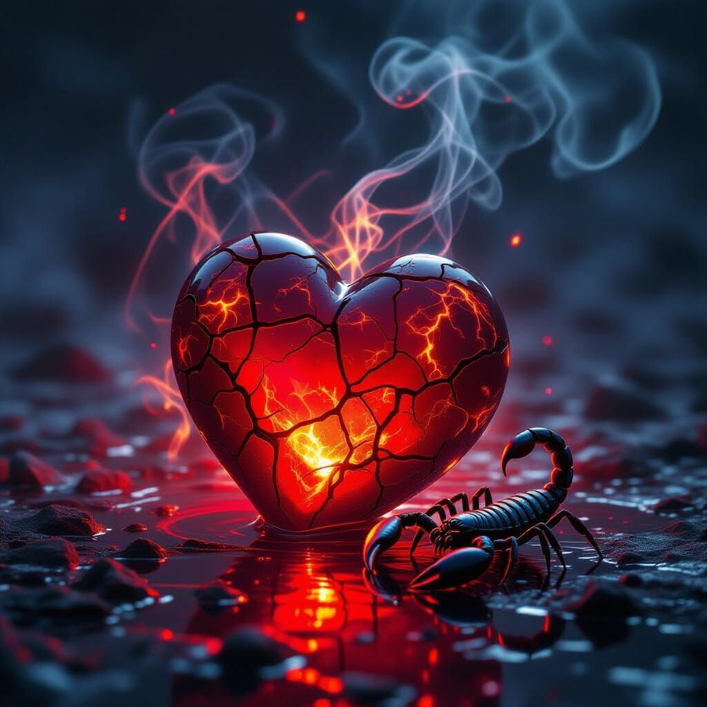 Cracked Opal Heart in Crimson Liquid, Hyperrealistic