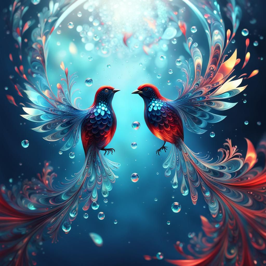 Vibrant Red Glass Birds in Iridescent Flight