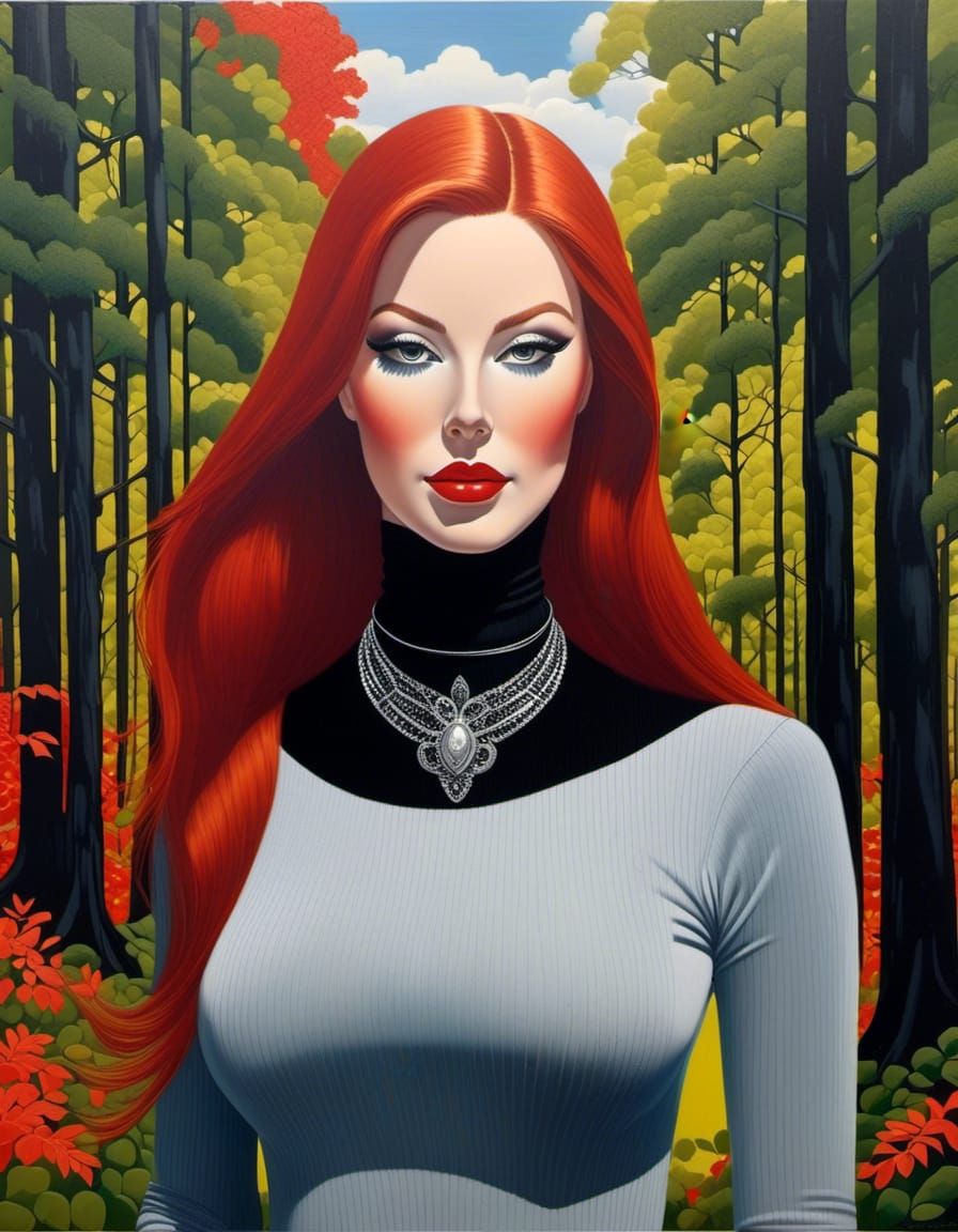 Enticing Redhead in Lush Forest, Colored Charcoal Drawing