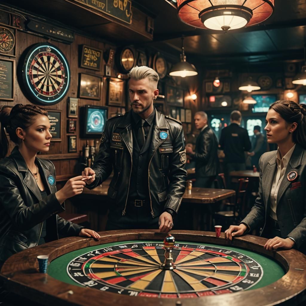 Cyberpunk Bar Scene in Futuristic English Pub