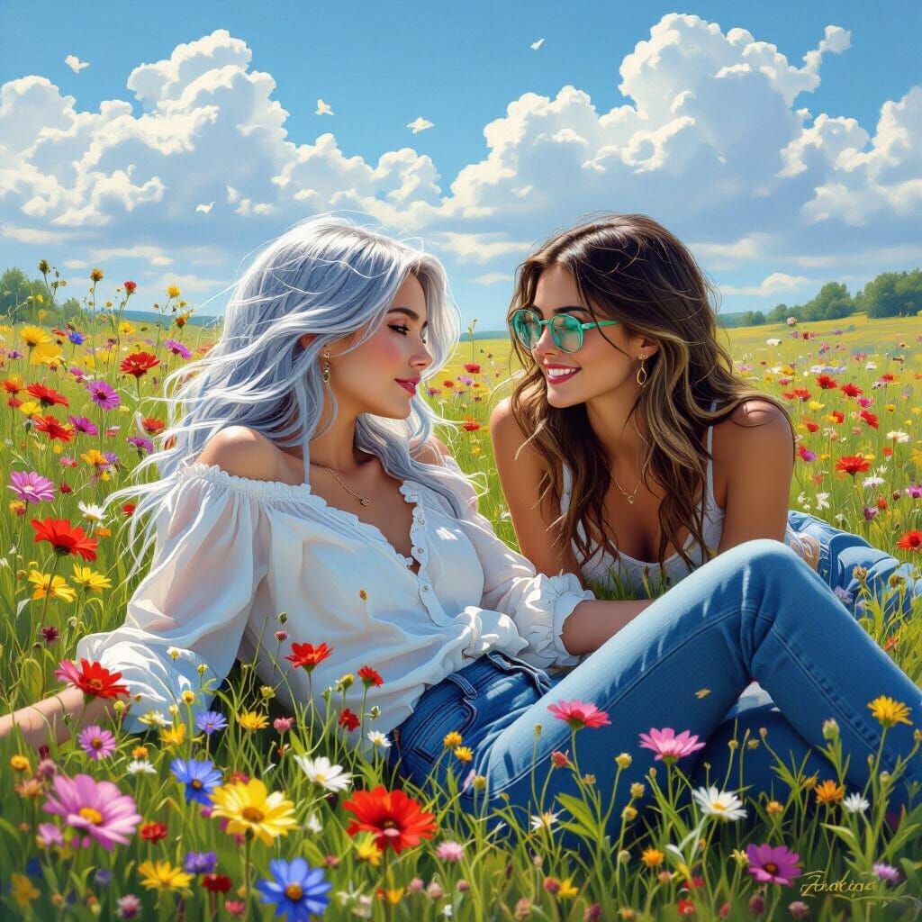 Women in Wildflower Field: Hyperrealistic Ethereal Fantasy