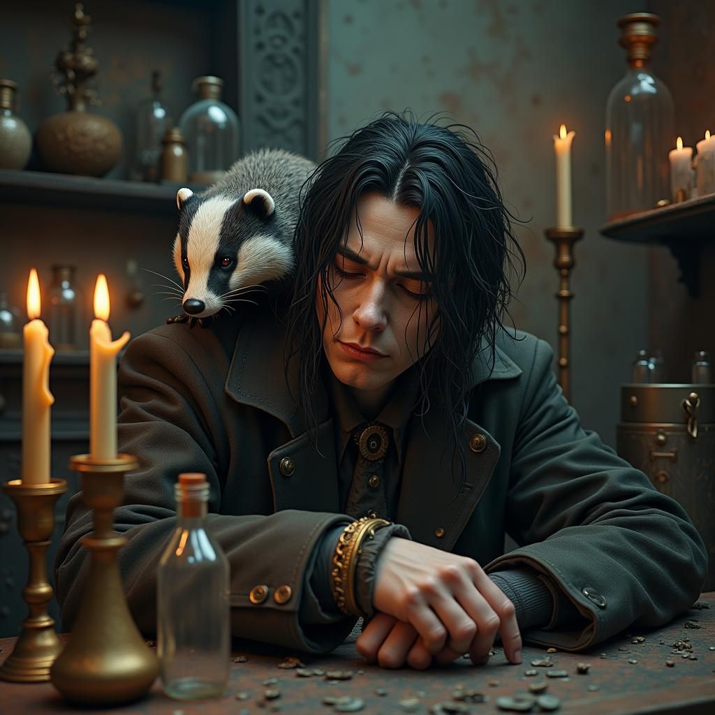 Exhausted Alchemist Amidst Ancient Apothecary in Surrealisti...