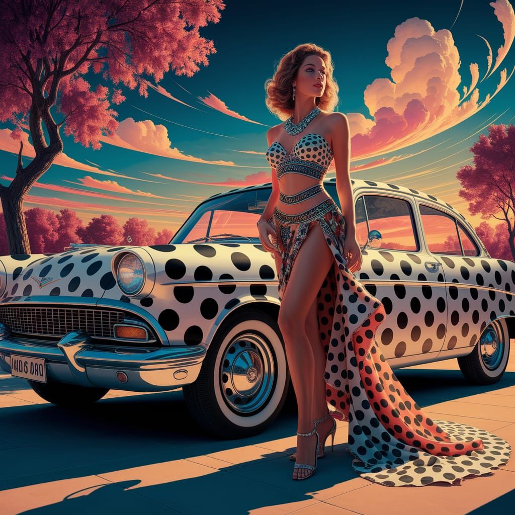 Polka Dot Dream: Woman in Greek Outfit by Car