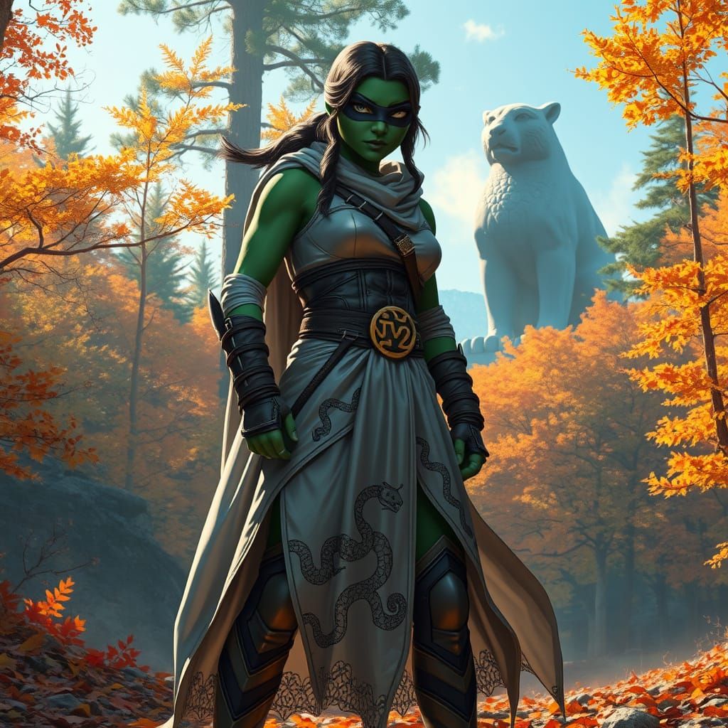 Surreal Ninja Turtle Woman in Autumnal Forest, Radiating Con...