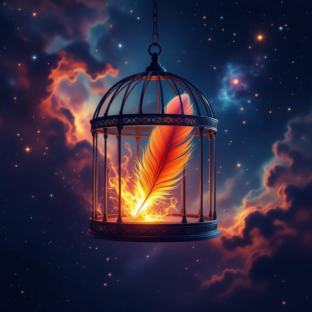 Cosmic Birdcage with Fiery Phoenix Feather in Deep Space