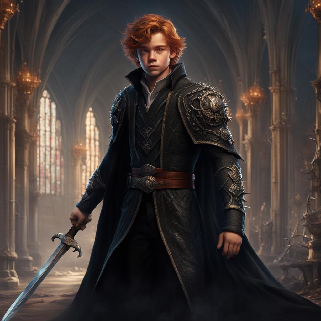 Young Prince in Dark Fantasy Armor, Wielding Sword and Staff