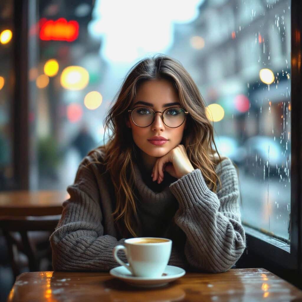 Pensive Woman with Coffee in Rainy Street, Digital Art