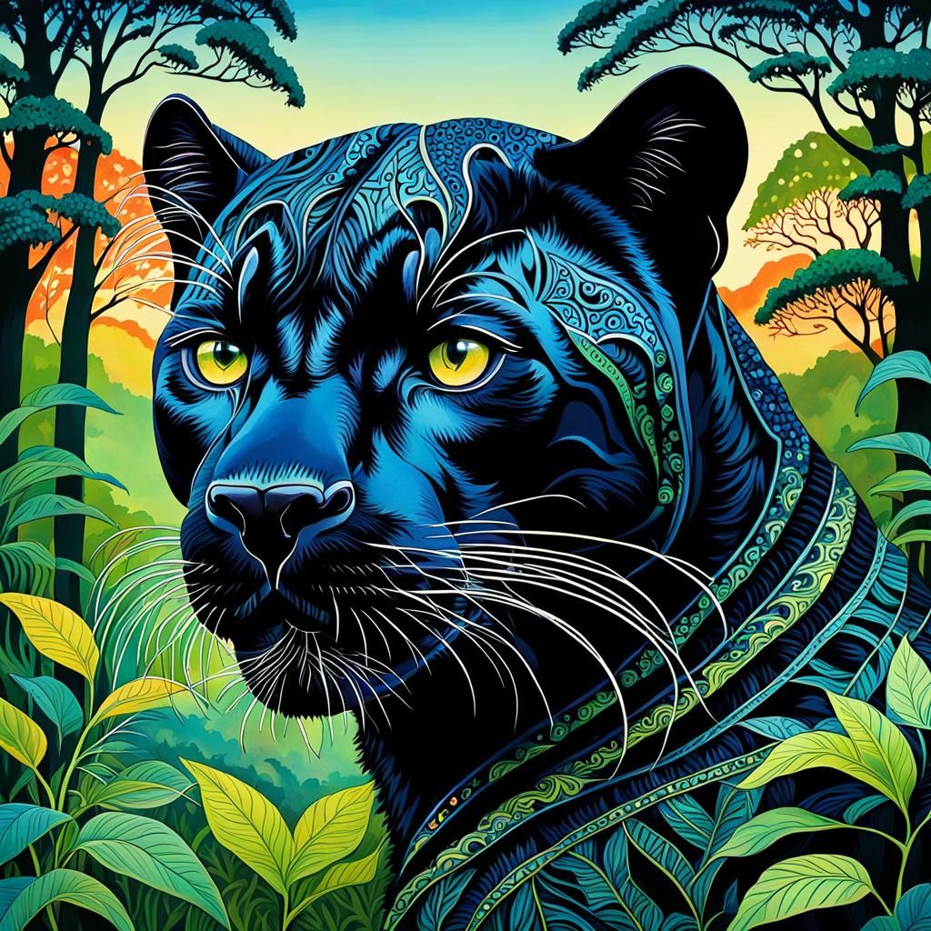 Panther in Whimsical Forestscape, Inspired by Louis Wain