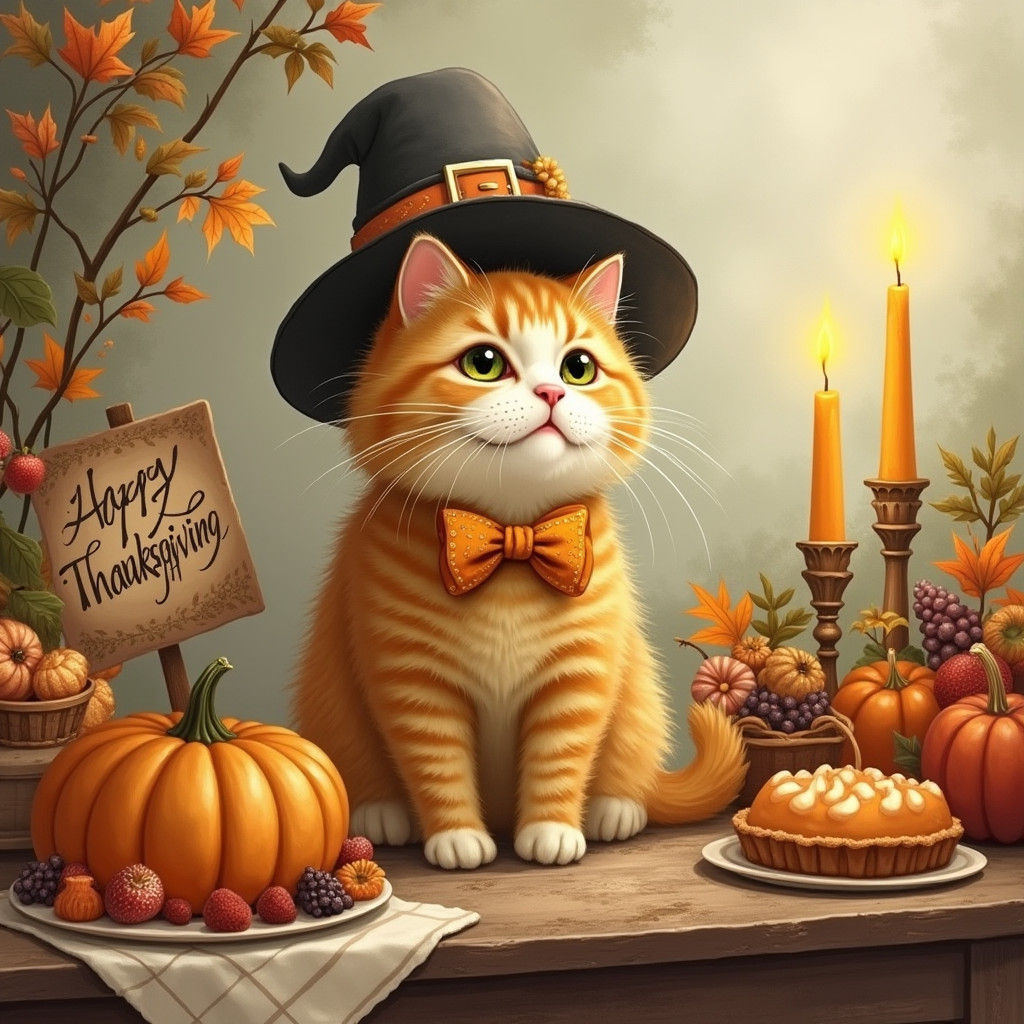 Majestic Cat Surrounded by Thanksgiving Whimsy in Storybook...