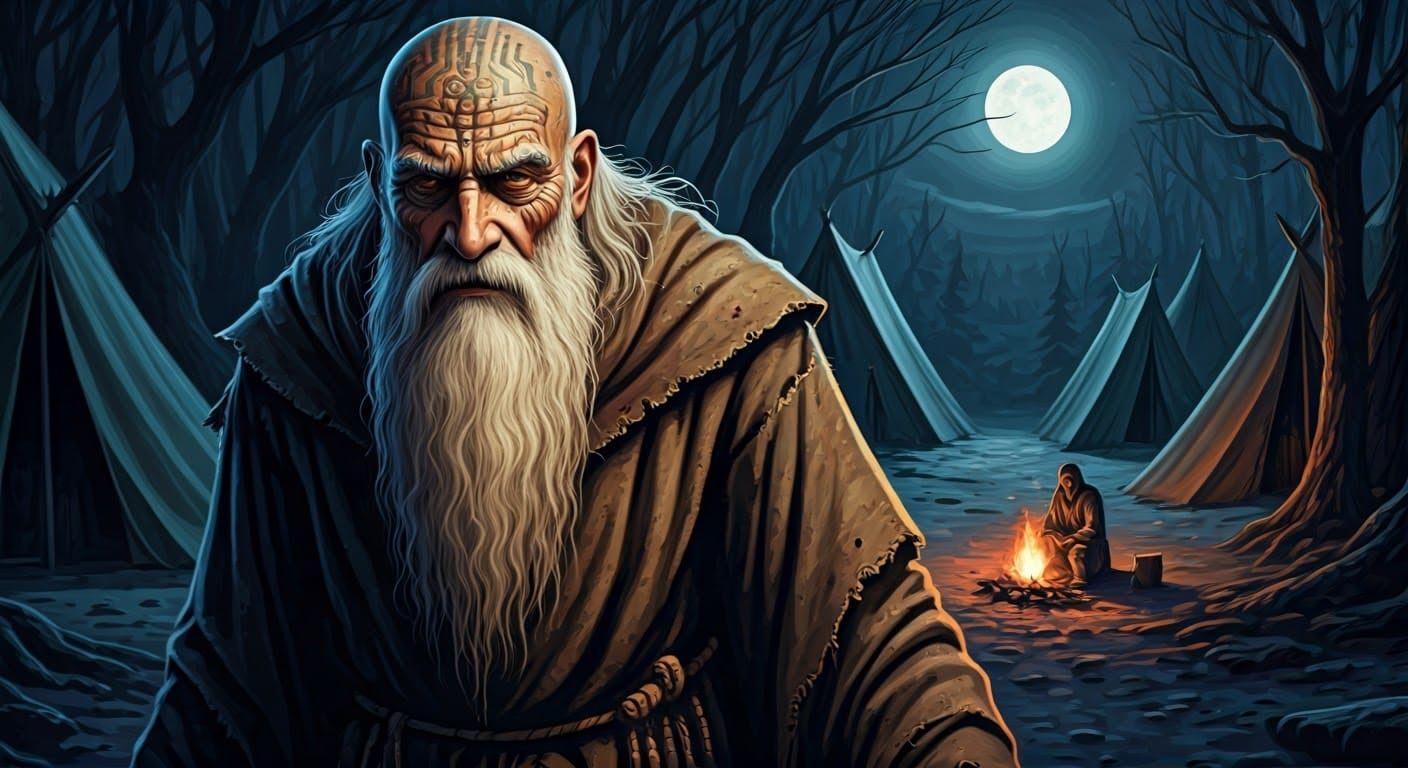 Mysterious Prophet in Moonlit Camp, Dark Fantasy Art