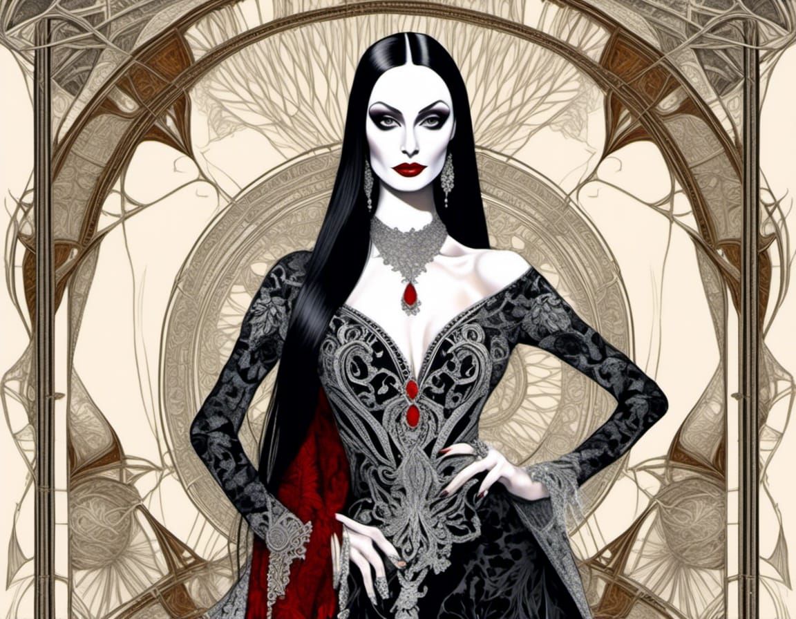 Morticia Addams in Opulent Fractal Fashion