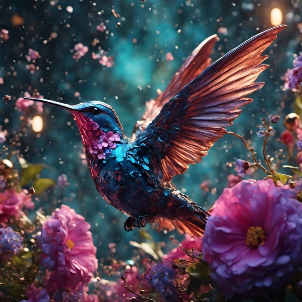 Morning Glory Fantasy with Hummingbird in Vibrant Colors