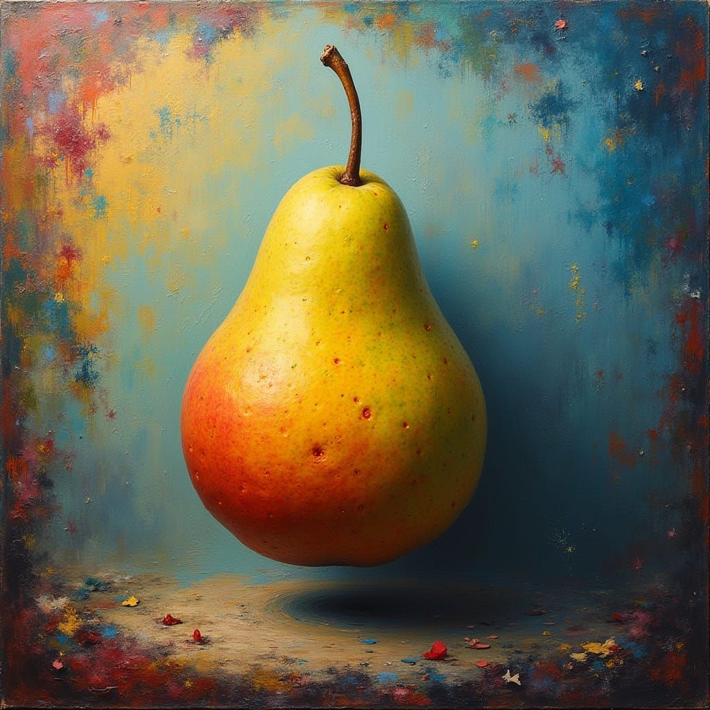 Surreal Pear Transforms in Vibrant, Textured Dreamscape