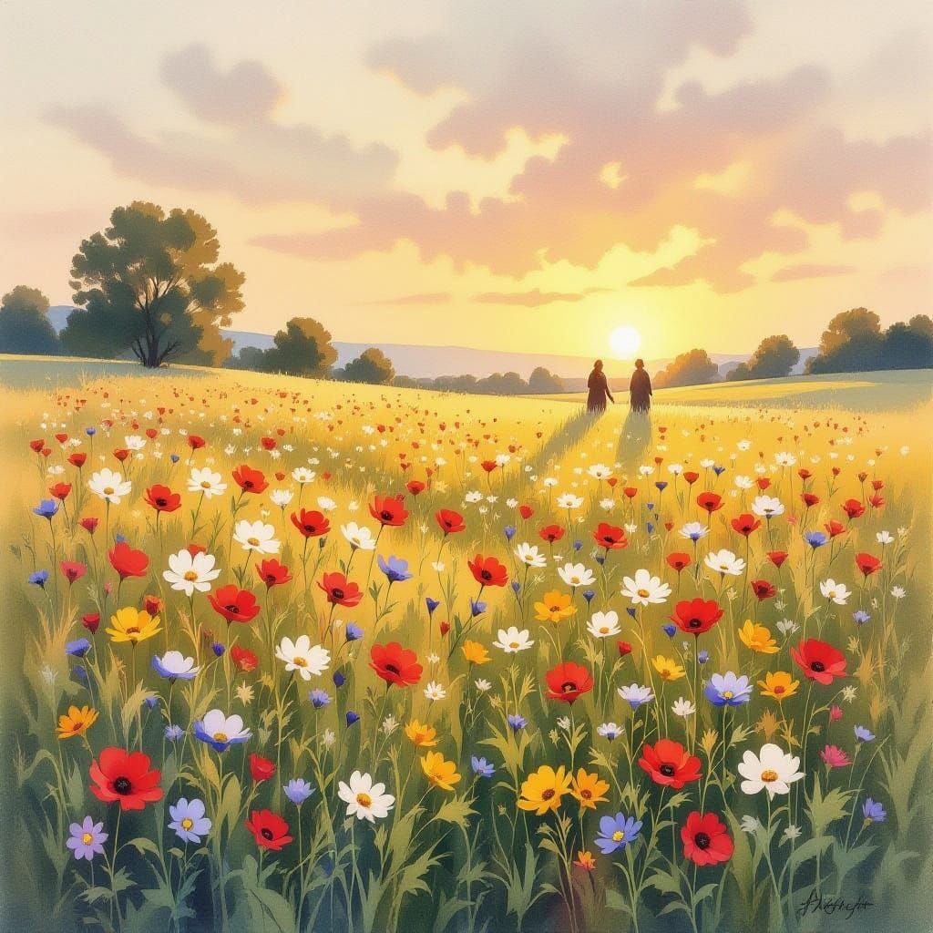 Magical Meadow at Dawn with Gentle Creatures in Watercolor S...