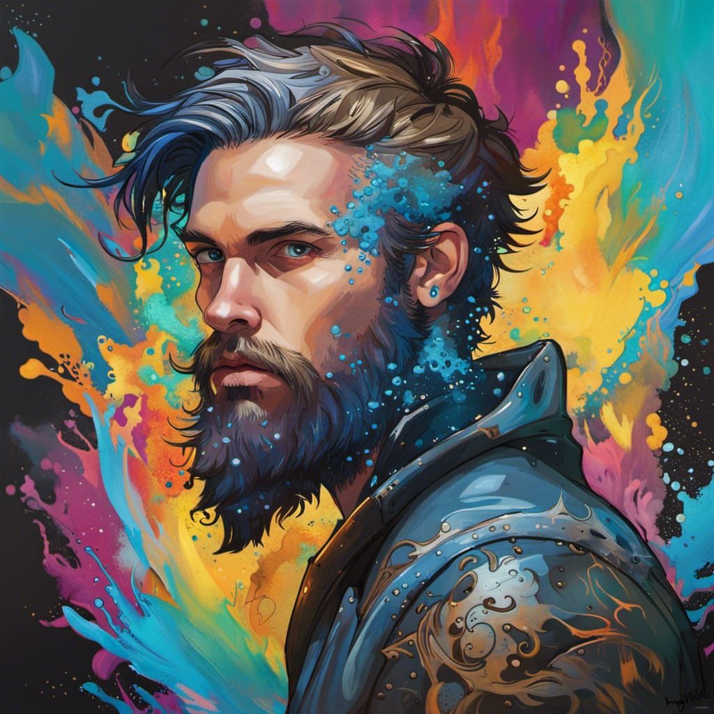Surreal Magic The Gathering Hero with Vibrant Graffiti Beard