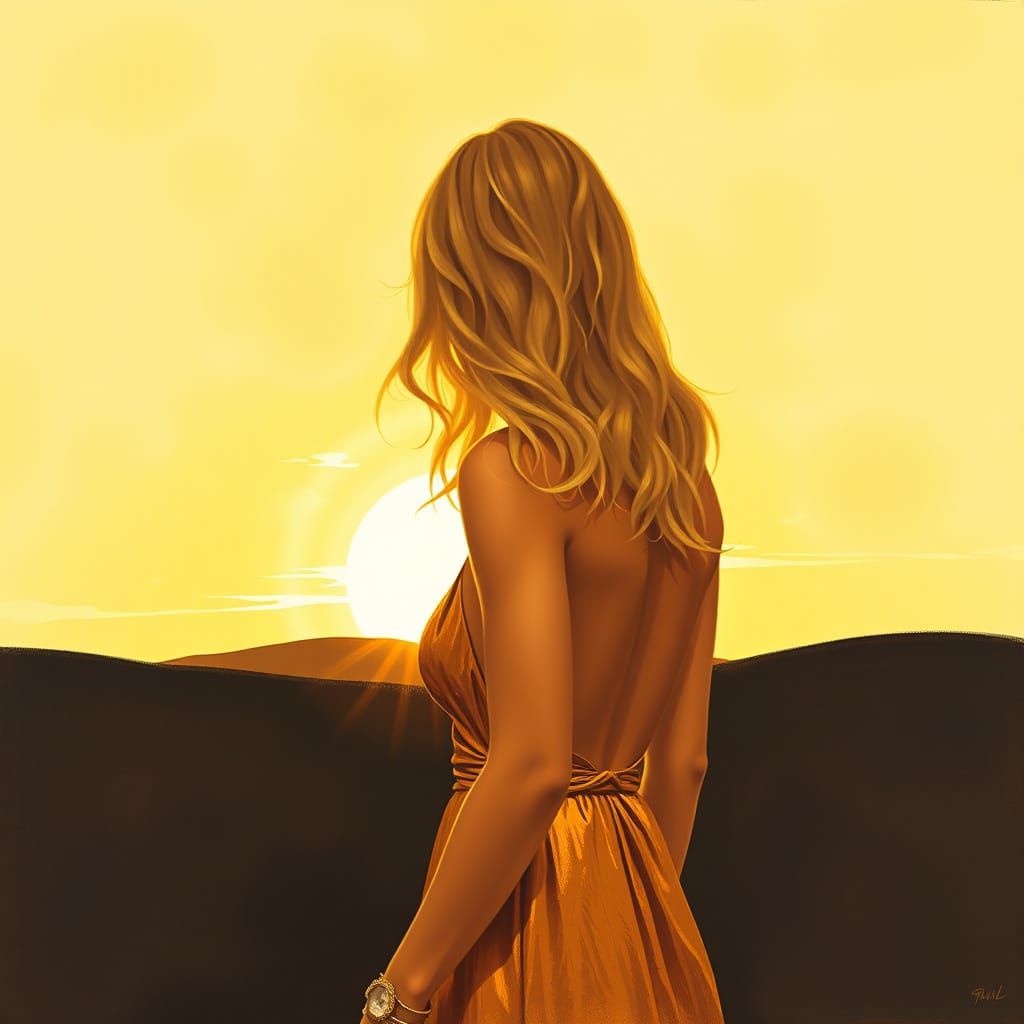 Minimalist Painting of a Woman in Golden Dress Watching Suns...