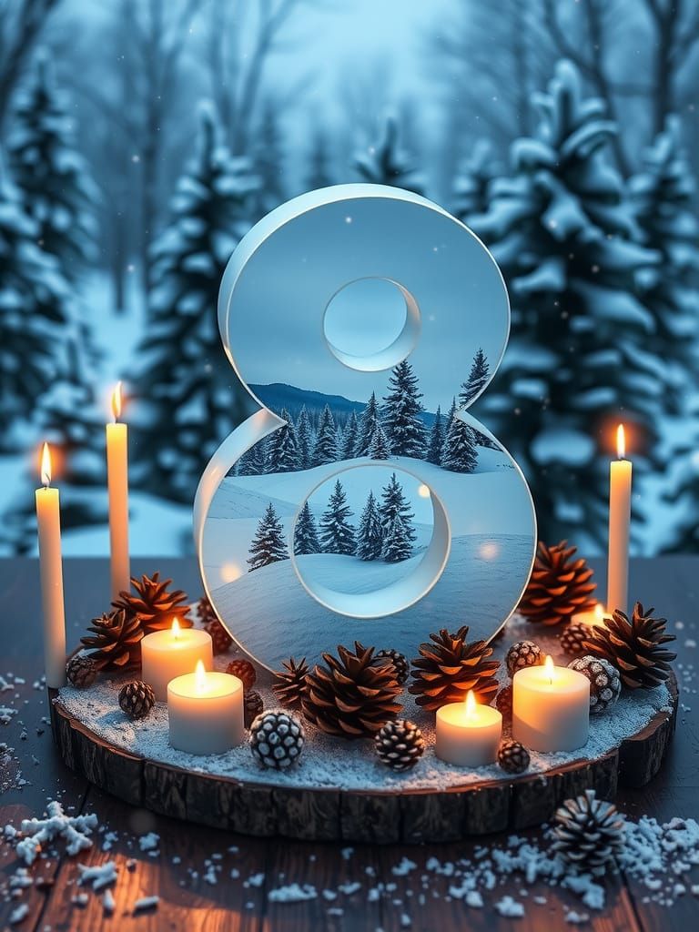 Double Exposed Winter Wonderland Scene with 3D Number Eight