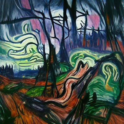Expressionist Forest Landscape at Dusk with Bold Brushstroke...