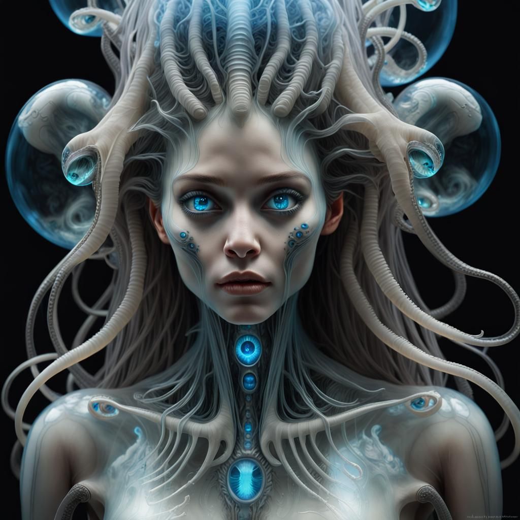 Bioluminescent Demon Made of Crystal, Emerging from a Cloud...