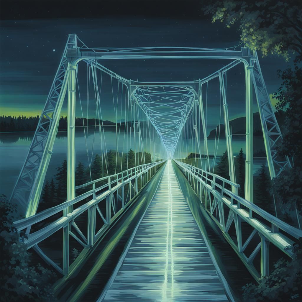 Ethereal Silver Bridge Glows in Cyberpunk Light