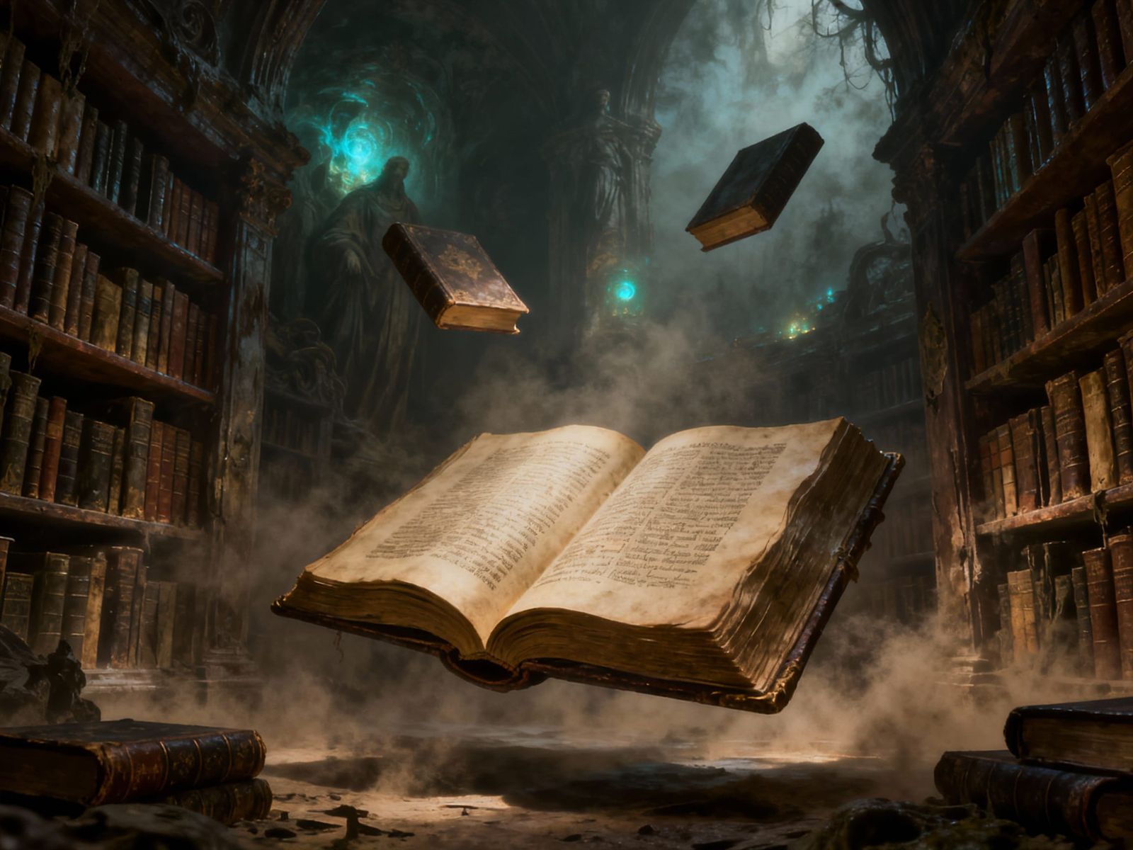 Ethereal Library of Floating Tomes in Dark Fantasy Style