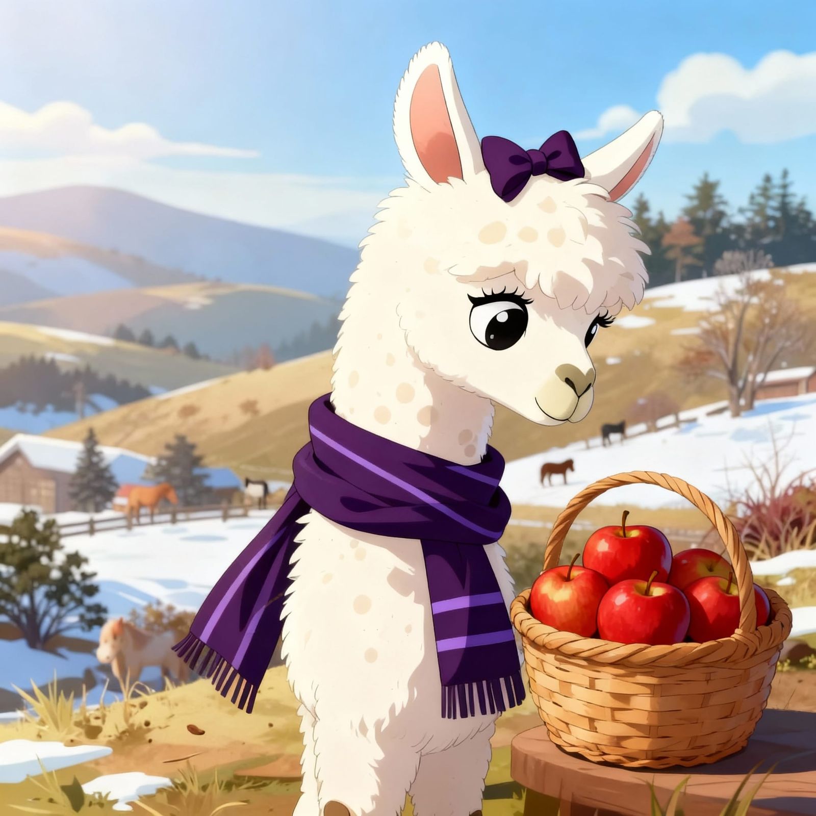 Llama Gazes at Red Apples with Ponies in Sunny Field