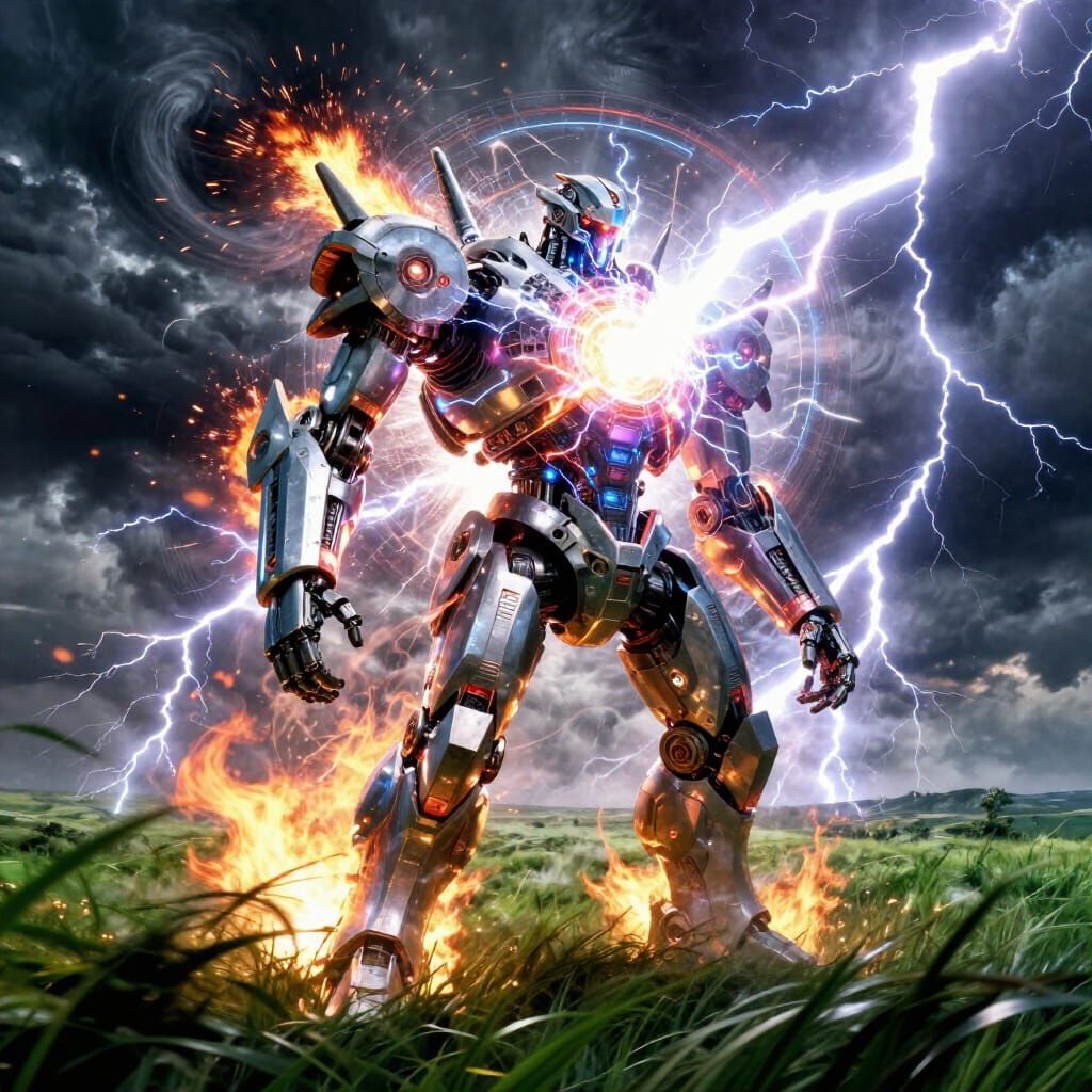 Epic Robotic Entity in Stormy Landscape Album Art