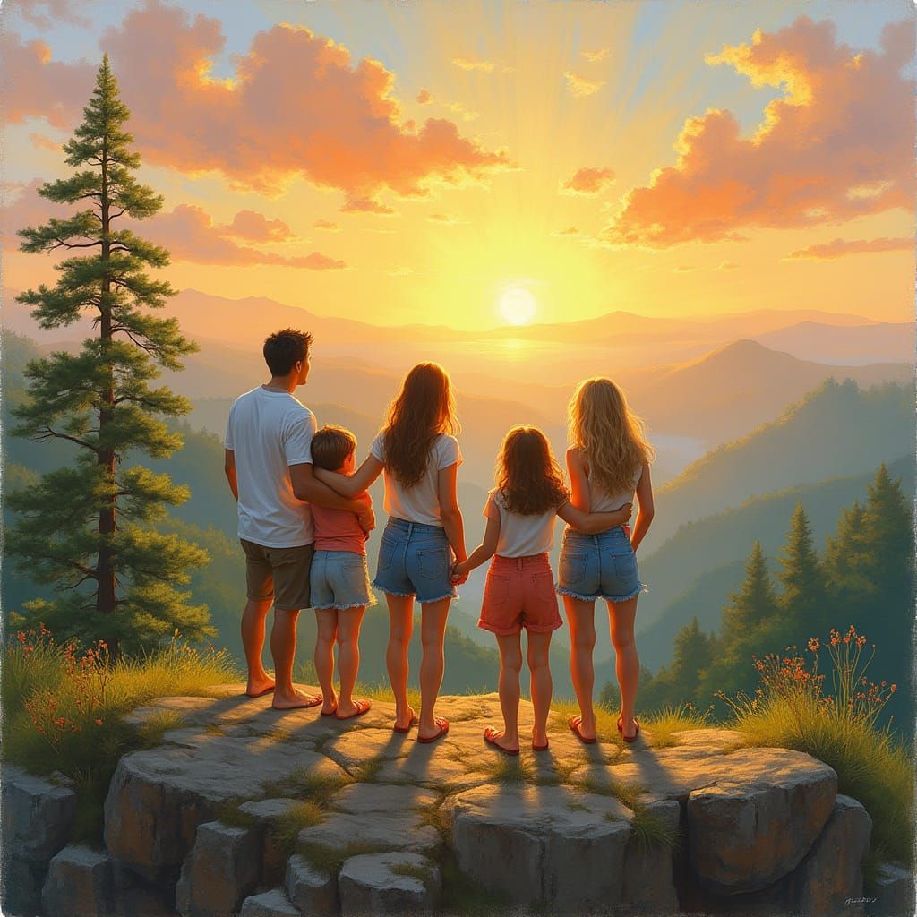 Family Gazing at Sunset in Impressionistic Style