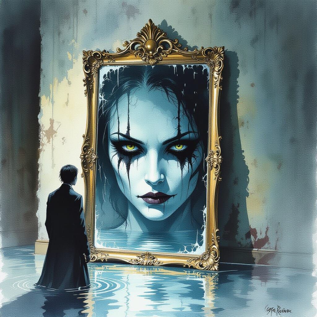 Creepy Face in Mirror Watercolor Painting