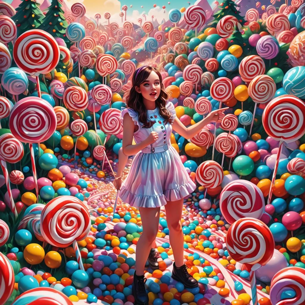Bright Fantasy Girl in Whimsical Candyland Wonderland