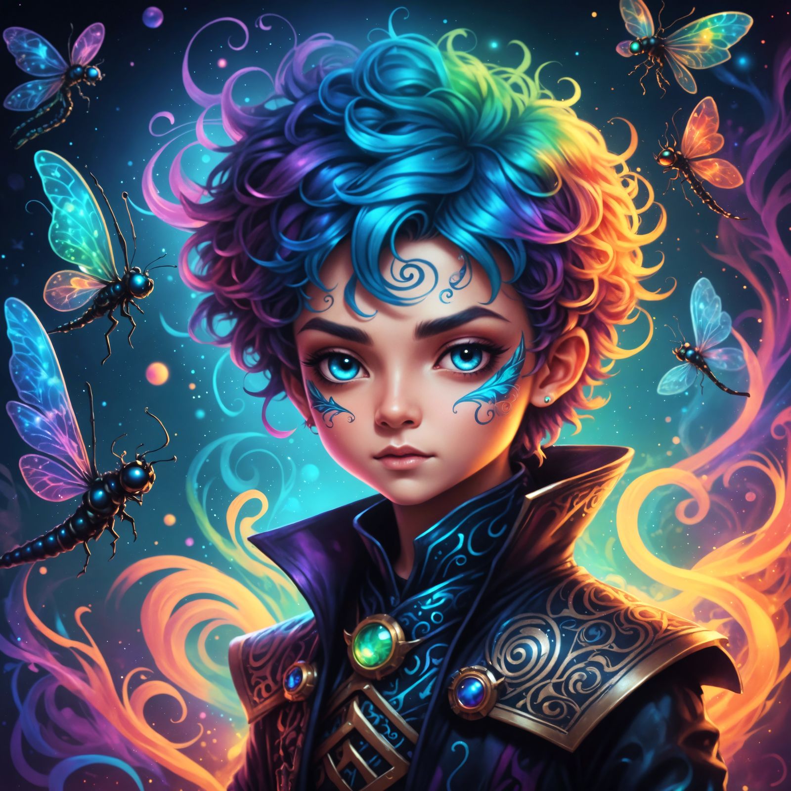 Surreal Chibi Warlock Prince in Vibrant Watercolor and Glitt...