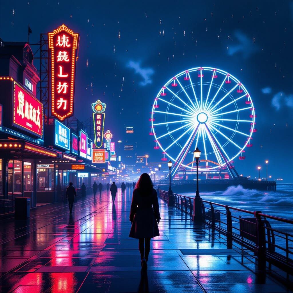 Nostalgic Cyberpunk Boardwalk Scene at Night