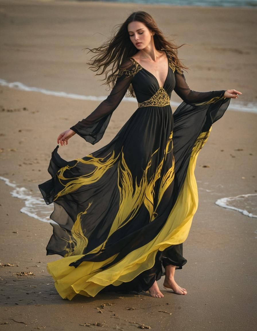 Gorgeous Woman in Elegant Flame Dress on the Beach