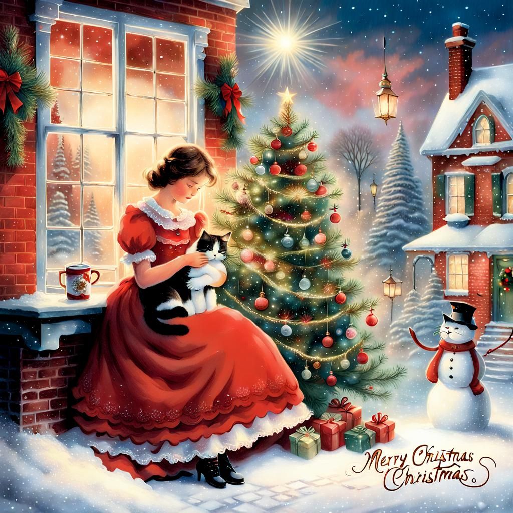 Girl Hugs Victorian-Style Cat in Festive Christmas Scene
